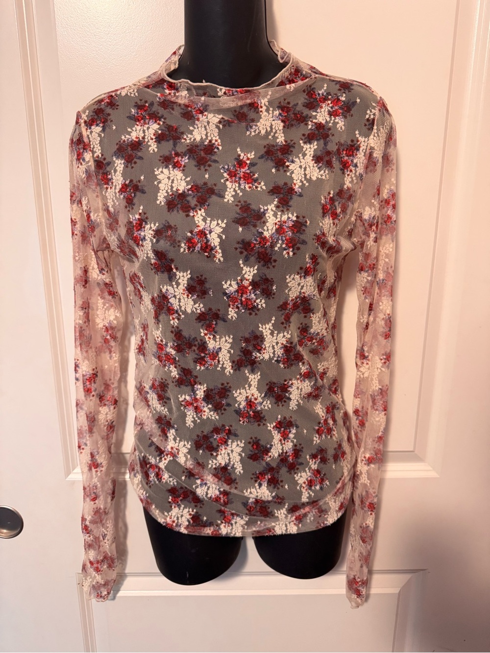 Free People Floral Sheer Long Sleeve Tee in Gray, Red and Cream